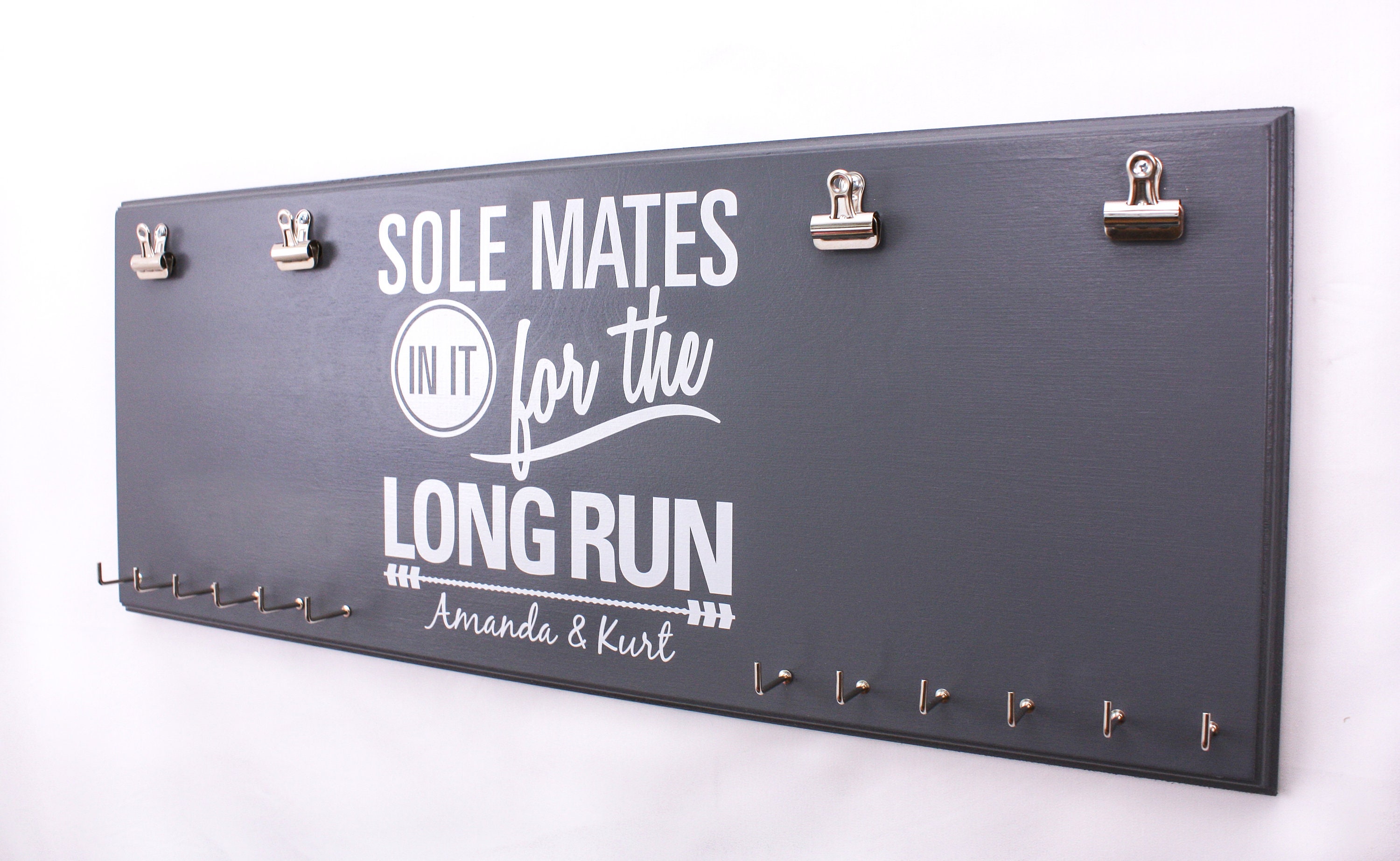 Couples Race Bib Medal Holder - Sole Mates Race MEDAL Bib Display - CUSTOMIZE Name Gift Idea Perfect Couples who Run