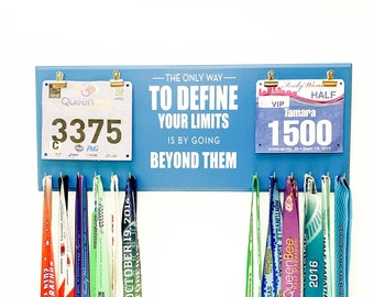 The Only Way to Define Your Limits is by Going Beyond Them Double race bib rack and medal display  - great wedding gift for couples that run