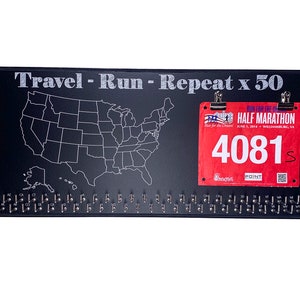 50 States Medal Hanger Travel Run Repeat Chalkboard US 50 States MEDAL HOLDER With Race Bib Display Hanger For Runner