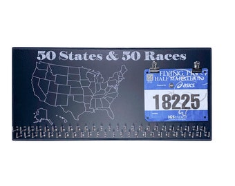 Run 50 STATES Chalkboard Paint MEDAL HOLDER Hooks And Race Bib Display Rack Gift For Runner – 50 States Medal Holder