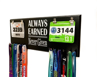 Always Earned Never Given & Race BIB Wall Hanging MEDAL Display HOLDER, Elegant Medal and Bib Display Rack for Couples