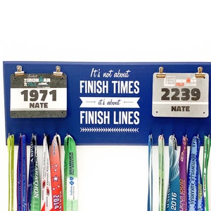 RACE BIB RACK Gift for Couples That Run, Finish times and Finish Lines Medal and Bib Holder image 1