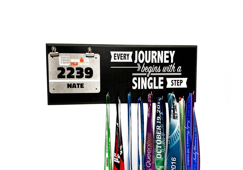 Every Journey Needs A First Step QUOTE Running Medal HOLDER Hooks And Race Bib Display Hanger For Runners image 2