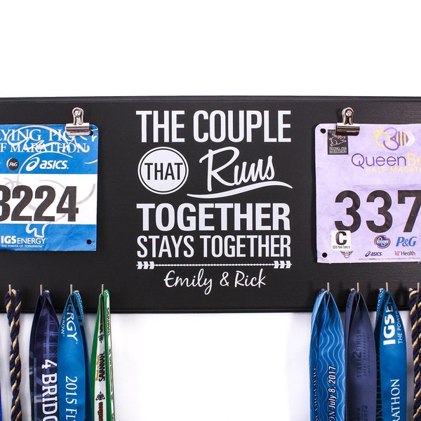 The COUPLE That Runs Together & Double Race Bib DISPLAY Medal HOLDER Rack, Couples Medal Hanging Display Gift Wedding Gift