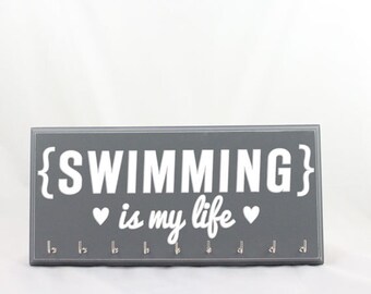 SWIMMING Is My Life With Hearts MEDAL HOLDER Silver L Hooks Display Rack - Swimmer Gift Medal Hanger