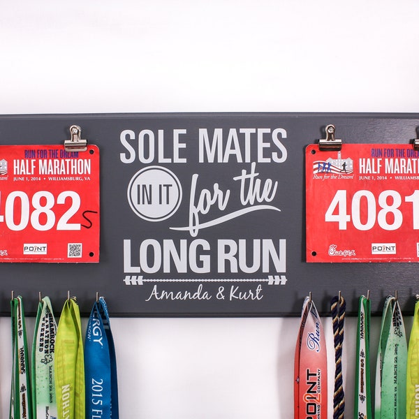 Couples Race Bib Medal Holder - Sole Mates Race MEDAL Bib Display - CUSTOMIZE Name Gift Idea Perfect Couples who Run