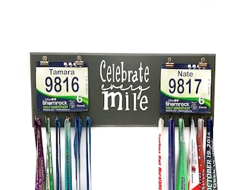 Celebrate Every Mile RUNNING MEDAL HOLDER with Bib, Couples Race Display Hanger Gift