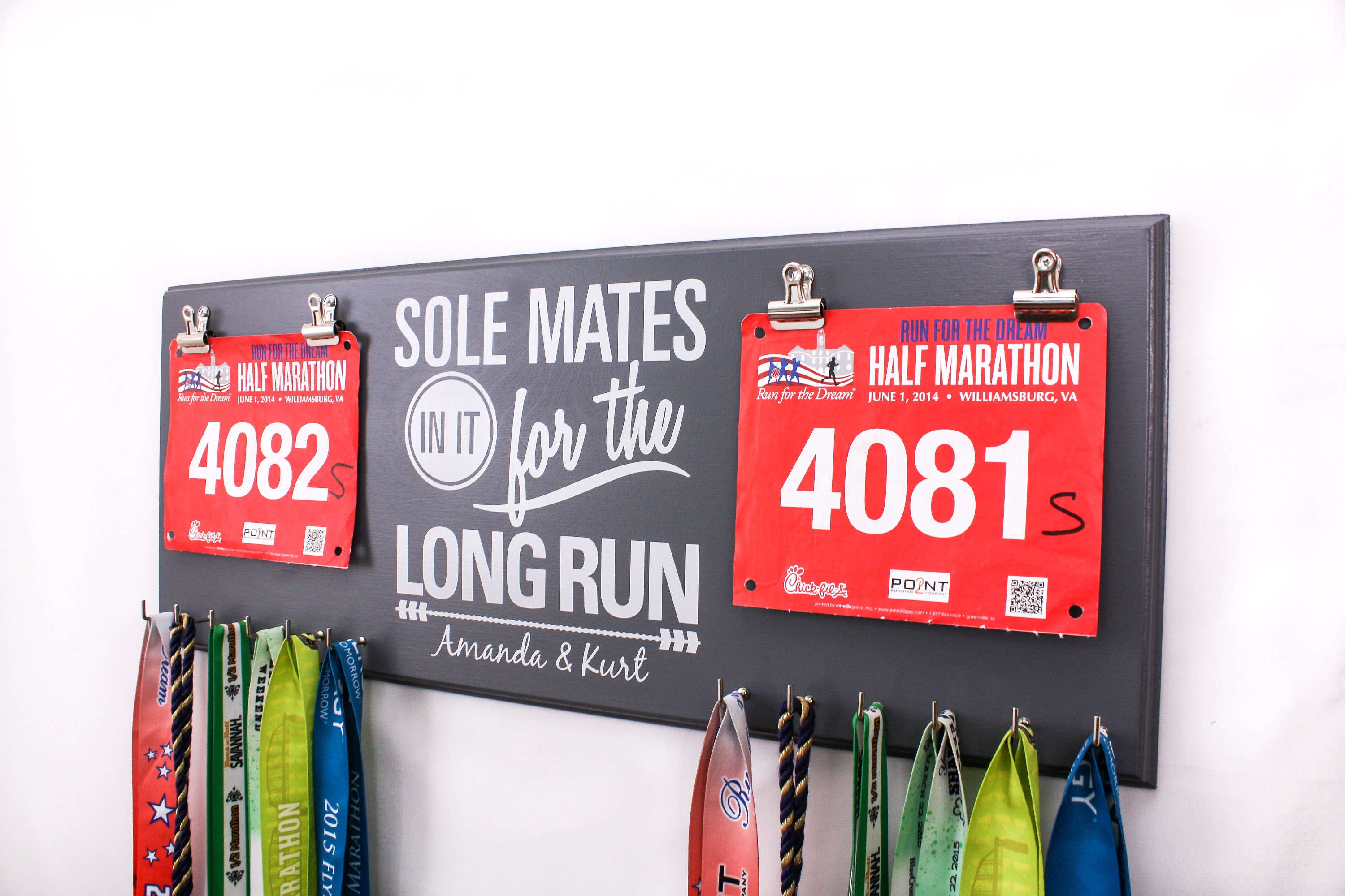 Couples Race Bib Medal Holder - Sole Mates Race MEDAL Bib Display - CUSTOMIZE Name Gift Idea Perfect Couples who Run