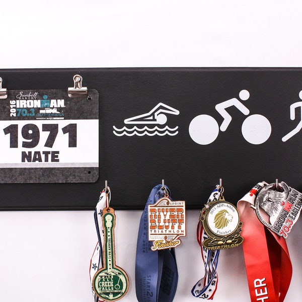 TRIATHLON MEDAL HOLDER And Bib Hanger Display Rack For Triathlon Gifts - Swim Bike Run Medals Hooks