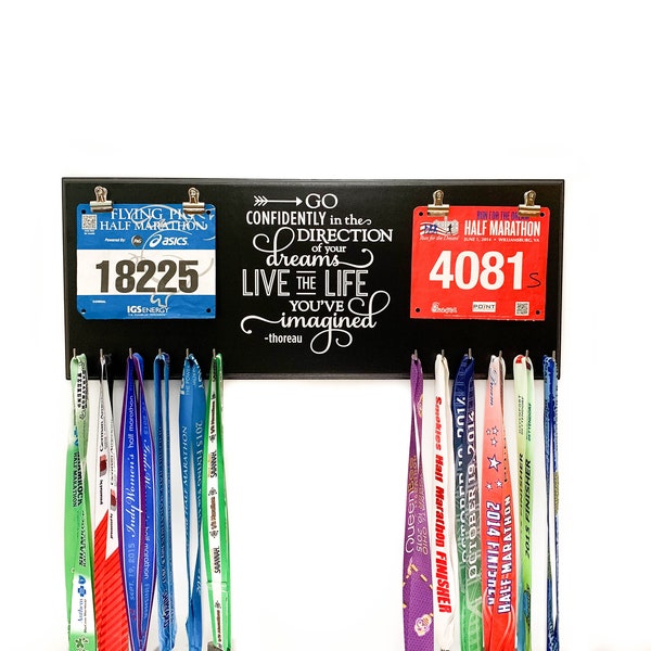 THOREAU Quote Go Confidently In The Direction Of Your Dreams Double Race BIB DISPLAY Rack And Running Medal Holder