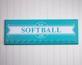 SOFTBALL Is My Life Sports MEDAL HOLDER Hanger Display Rack Hooks For Softball Wall Decorations And Softball Lovers