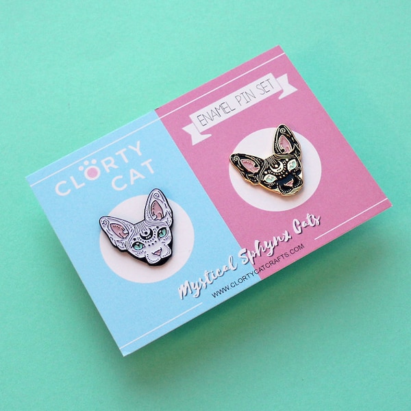 Black & white Mystical Sphynx pins, set of TWO - sphynx cat - hairless cat - cat gift - cat lover - cat lover - enamel pins - lapel pins