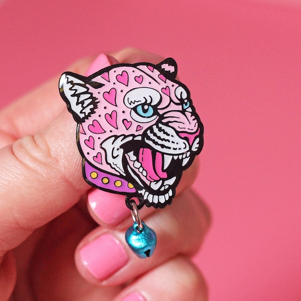 Loveheart leopard with bell enamel pin - charm pin - creepy cute - pastel goth - spooky pin - spoopy - pin badge - flair - lapel pin