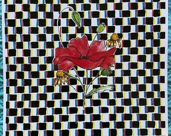 Trippy watercolor with red poppy