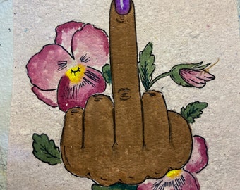 Watercolor pansy and middle finger on handmade paper