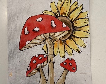 mushroom and sunflower painting on handmade paper