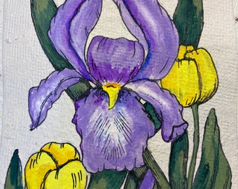 Watercolor Iris  and tulip painting on pink handmade paper