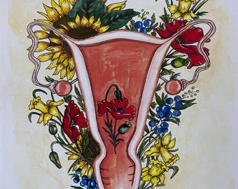Watercolor uterus surrounded by flowers print