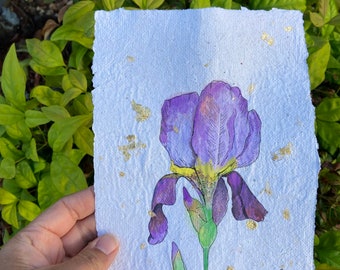 White poppy watercolor painting on deckled handmade paper