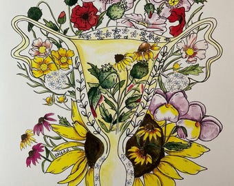 Watercolor uterus surrounded by flowers print