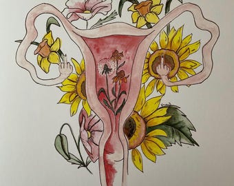 Watercolor uterus surrounded by flowers print
