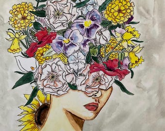 lady with  flower bouquet over face