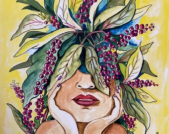Lady with a Pokeberry plant over face