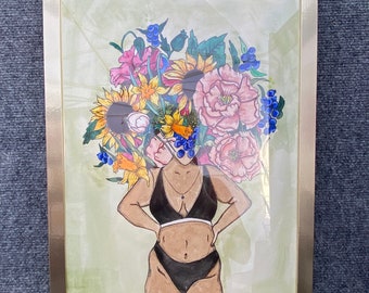 Body positive Lady with  flower bouquet over face