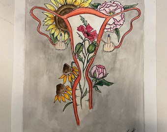Middle finger Uterus surrounded by flowers