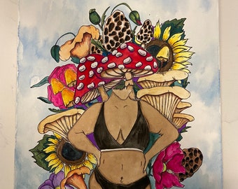 Lady with mushroom  and flower bouquet over face