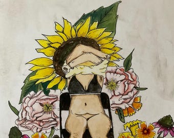 Body positive Lady with  flower bouquet over face, changing cloths