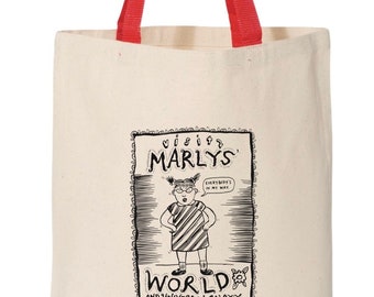 Totes MARLYS WORLD! Crisp black ink on 100% cotton natural canvas tote bag with bright red nylon strap!
