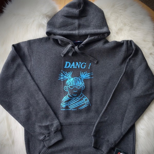 MEDIUM *deluxe* hoodie! Marlys Dang! minty blue ink on charcoal! Fundraiser!