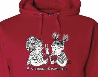 SISTERHOODIE! *small* Marlys and Maybonne, represent! black and white ink on rich red! On SALE!