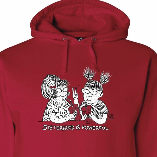 SISTERHOODIE! *medium* Marlys and Maybonne, represent! black and white ink on rich red! On SALE!