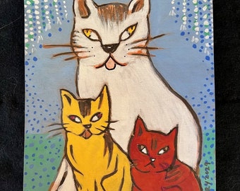 CHARLIE, PIPPIN, and FOIST - new original painting 7.5" x 5.5" - ink and gouache on cardboard by Lynda Barry 2023 - Fundraiser!