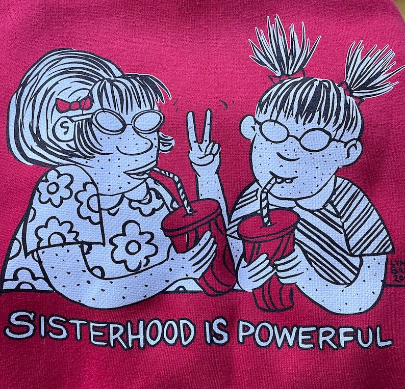 SISTERHOODIE small Marlys and Maybonne, represent black and white ink on rich red On SALE image 2