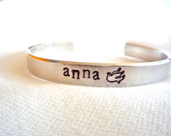 First Communion Bracelet, Keepsake Name Bracelet, Hand Stamped Silver Aluminum Cuff, Easter Present