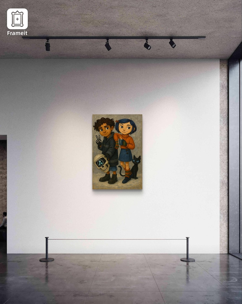 May include: A framed artwork featuring two cartoon characters, a boy and a girl, standing side by side. The boy holds a skull with a glowing eye, and the girl has a black cat at her feet. The artwork is displayed on a white wall.