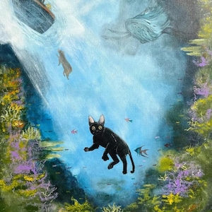 May include: A black cat with yellow eyes swims in a blue ocean with coral reefs and fish. A boat and a whale are visible in the background.