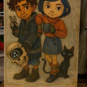 May include: A pencil drawing of two children and a black cat. One child holds a skull with three blue eyes. The other child holds a mug. The cat sits at the girl's feet. The children wear blue and orange clothing.
