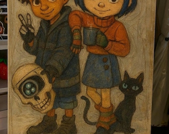 May include: A pencil drawing of two children and a black cat. One child holds a skull with three blue eyes. The other child holds a mug. The cat sits at the girl's feet. The children wear blue and orange clothing.