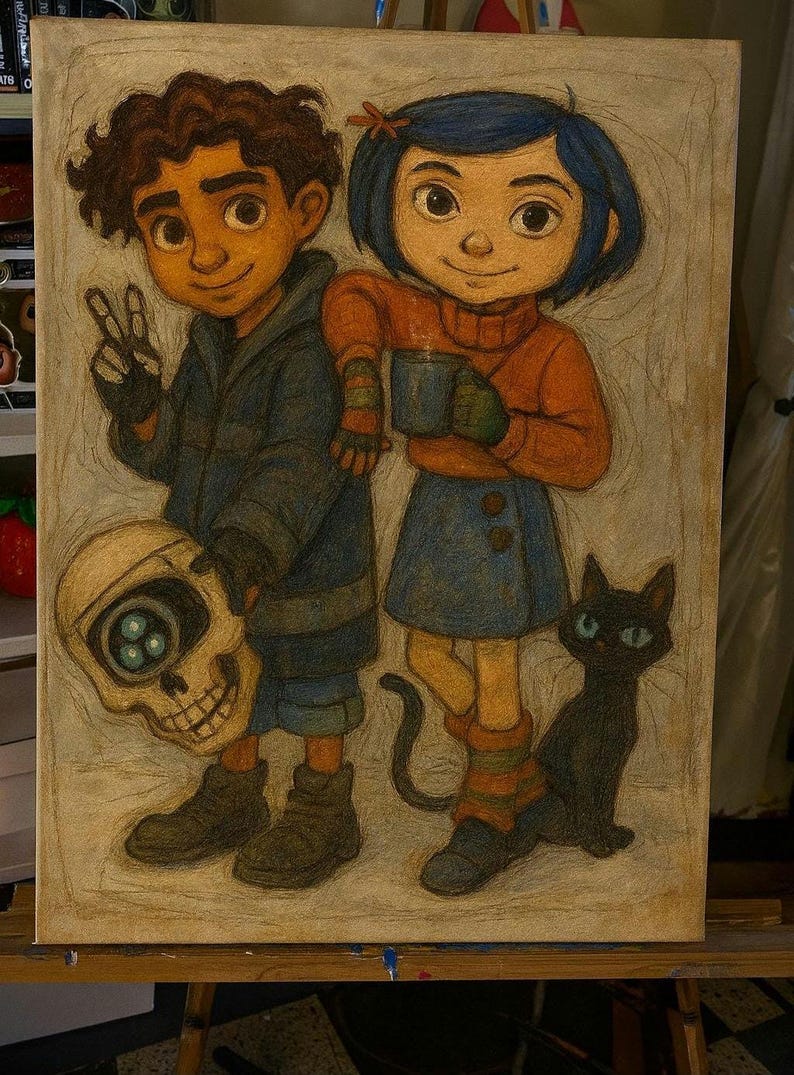 May include: A pencil drawing of two children and a black cat. One child holds a skull with three blue eyes. The other child holds a mug. The cat sits at the girl's feet. The children wear blue and orange clothing.