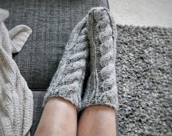 Hand Knit Wool Slippers CAMDEN Crew Cable Knit Slipper Socks for Women - Handmade Cozy Loungewear Winter Clothing, Gift for Her