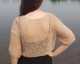 Hand Knit Cropped Summer CASEY Cardigan: Women's Loose Knit Sheer Bolero for Dress Shrug Sweater