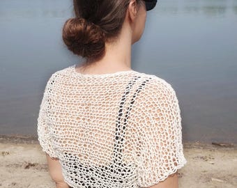 Hand Knit Cotton Blend Bolero Shrug, Sheer Summer Cover up for Women, Handmade Women's SAMIA Short Sleeve Shrug for Dress