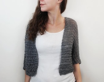 Hand Knit CARTER Cropped Cardigan:  Women Summer Sweater with Quarter Sleeves Handmade Sheer Open Weave Bolero Shrug