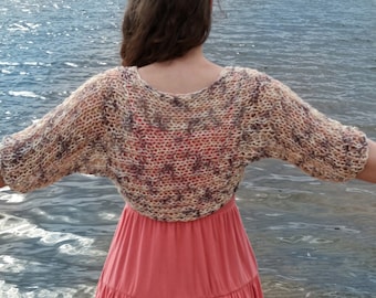 Hand Knit Sheer Cotton Blend Summer Bolero Shrug for Dress: Loose Knitted Sweater Cover-Up, The SAMIA Shrug