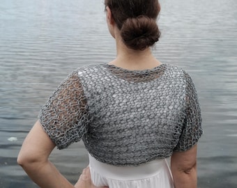 Hand Knit Cotton Blend Bolero: Sheer Short Sleeve Open Weave Summer SAMIA Shrug for Women