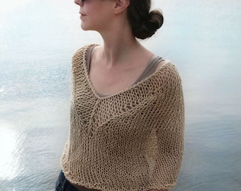 Hand Knit Sheer Summer Poncho for Women: Boho Cropped Crochet Sweater Top V Neck | CHLOE Capelet
